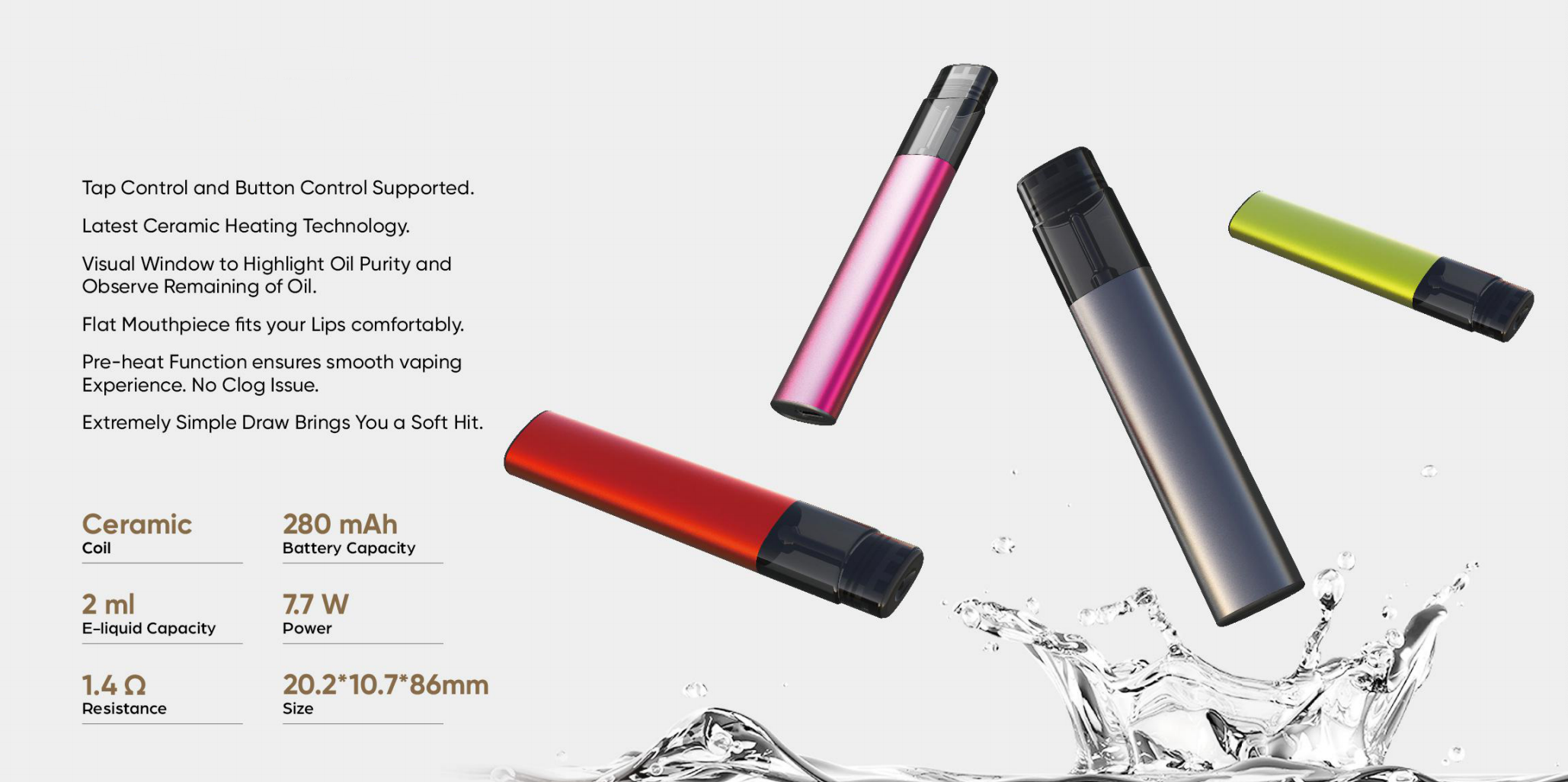 B, 1ml, 2ml, 280mah, ceramic coil, preheating function disposable vape pen