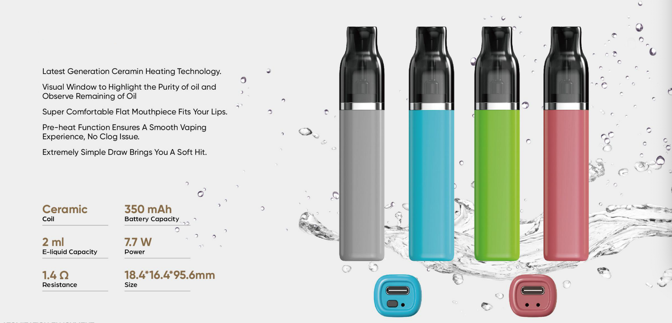 C, 1ml, 2ml, 3ml ceramic coil, preheat function 350mah disposable vape pen
