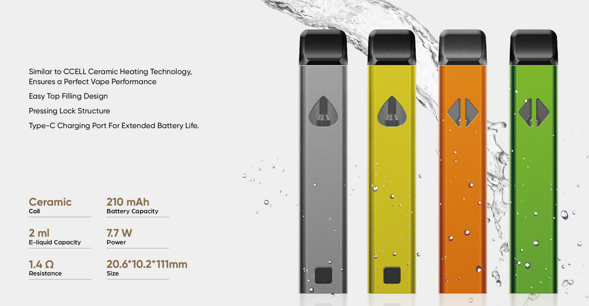 F, 2ml, ceramic coil, 210mah, preheat disposable vape pen